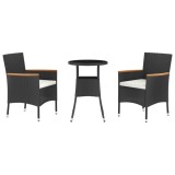 Cumpara ieftin Set bistro de gradina cu perne, 3 piese, negru, poliratan