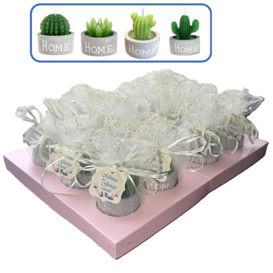 Set 12 Marturii Nunta , Lumanare Cactus in Ghiveci Home cu Tulle Ivory si Eticheta Personalizata
