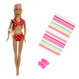 Păpușă Manechin, Betty, 30cm, Costum de Baie Roșu cu Buline, Ochelari Fucsia, Prosop Dungi, șlapi Roz, Set 4 Accesorii, Oem