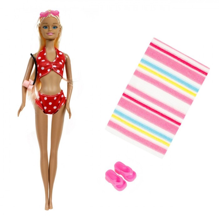Păpușă Manechin, Betty, 30cm, Costum de Baie Roșu cu Buline, Ochelari Fucsia, Prosop Dungi, șlapi Roz, Set 4 Accesorii