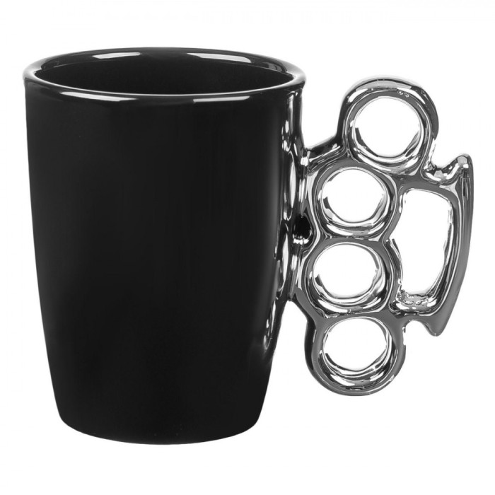 Cană Ceramică, Model Pumn 3D, Culoare Neagră și Argintie, Capacitate 0,4L