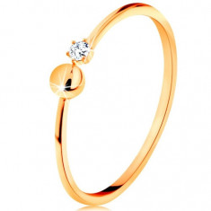 Inel realizat din aur galben de 14K - brațe lucioase ce se termină cu bilă și zirconiu transparent - Marime inel: 60