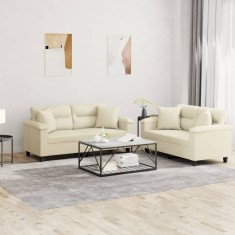 vidaXL Set de canapele cu perne, 2 piese, crem, piele ecologică