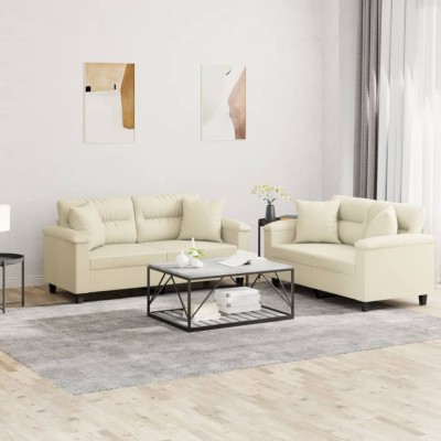 vidaXL Set de canapele cu perne, 2 piese, crem, piele ecologică 3202373 foto