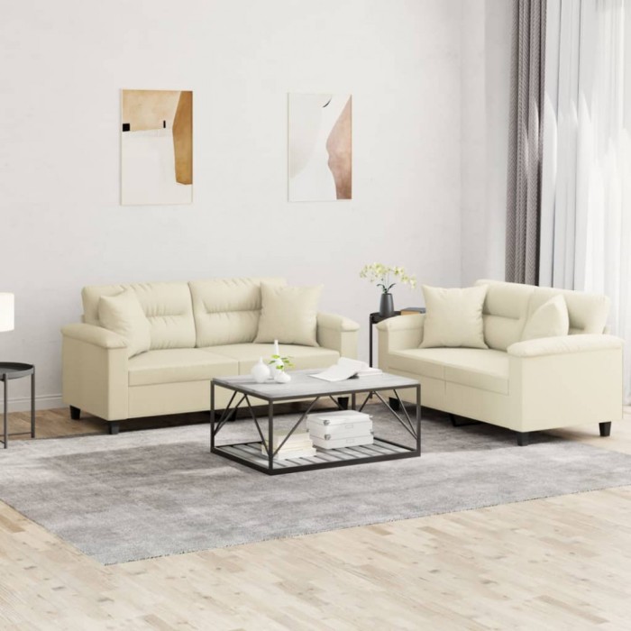 vidaXL Set de canapele cu perne, 2 piese, crem, piele ecologică 3202373