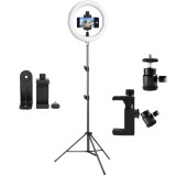 Kit vlogging pentru telefon cu trepied reglabil pana la 200 cm, ring light LED cu telecomanda, suport telefon rotativ 360 si brat metalic cu hot shoe