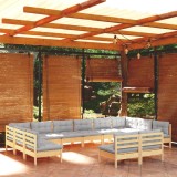 vidaXL Set mobilier grădină cu perne, 12 piese, gri, lemn masiv pin