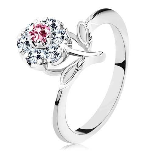 Inel lucios cu floare cu zirconii roz și transparente, tulpină cu frunze - Marime inel: 53