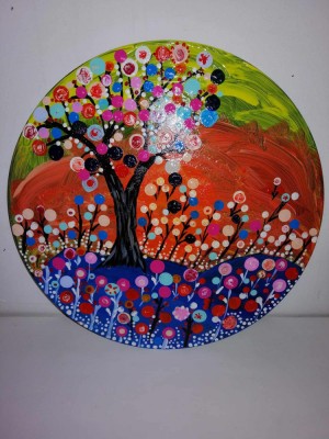 Mandala rotunda pom si flori de vara pictat manual acrylic pictura cu puncte decor perete pe disc vinil uzat 12&amp;rdquo; foto