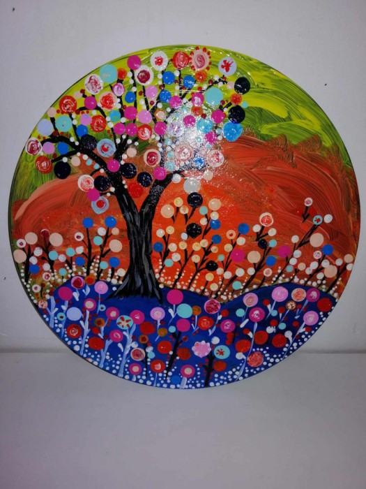 Mandala rotunda pom si flori de vara pictat manual acrylic pictura cu puncte decor perete pe disc vinil uzat 12&rdquo;