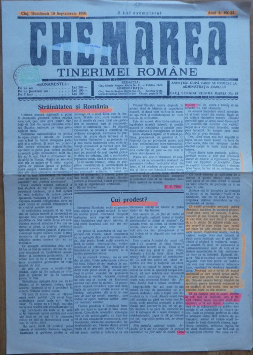 Chemarea tinerimei romane, Cluj, 1926, nr. 21 si 22, Ziarul Partidului National