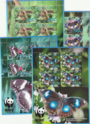 Aitutaki (Insulele Cook) 2008-WWF,Fauna,Insecte,Fluturi,4 Blocuri de 4 foto