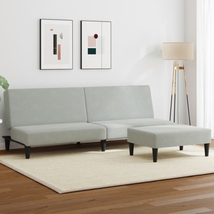 Gossi canapea extensibila cu taburet, 2 locuri, gri deschis, catifea
