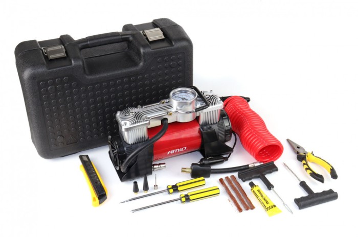 Compresor aer pentru masina, 12V HQ, 2 cilindri, 150PSI, 60L/min, 30A, furtun 5m, cablu 3m, conectare borne ACOMP-18; AMIO