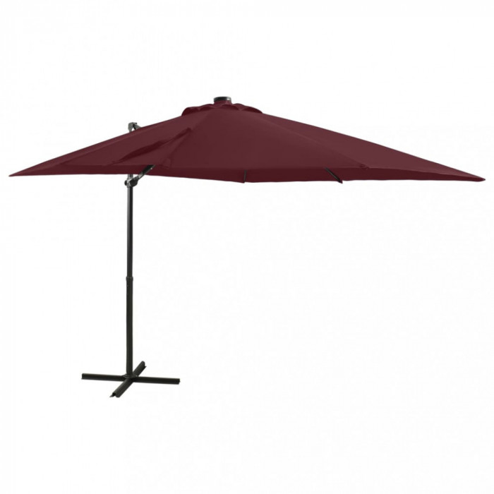 Umbrelă suspendată cu st&acirc;lp și LED-uri, roșu bordo, 250 cm