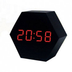 Ceas digital birou Procart KH-0148N LED rosu Senzor sunet USB Calendar Termometru Lemn Negru foto