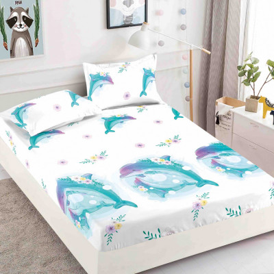 Husa de pat cu elastic alba cu delfini 180x200cm D080 foto