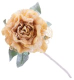 Floare decorativa tip bujor auriu cu frunza si tulpina, 23 cm