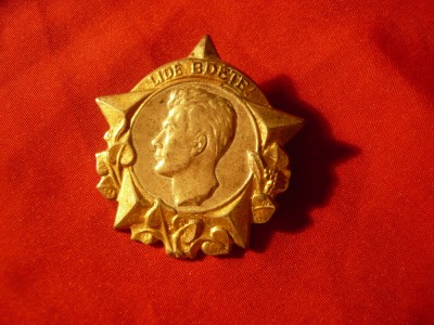 Insigna veche Iulius Fucik -Erou antifascist al Cehoslovaciei ,h=4cm metal aurit foto