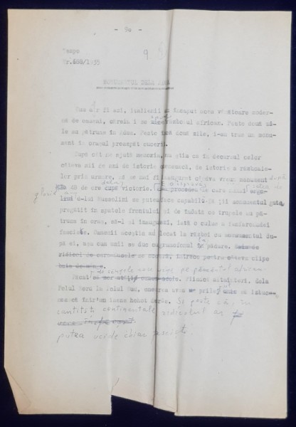 GEO BOGZA - MONUMENTUL DE LA ADUA - ARTICOL PENTRU ZIAR , DACTILOGRAFIAT , CU CORECTURILE, MODIFICARILE SI ADAUGIRILE OLOGRAFE ALE AUTORULUI , 1935