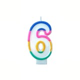 Cumpara ieftin Lumanare aniversara cifra 6 alba 4,8 cm, decor multicolor, din parafina, fitil din bumbac si suport plastic pentru tort