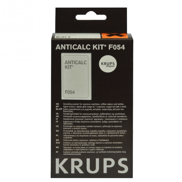 Set solutie decalcifiere F054001A pentru Espressoare Krups, 2x plicuri decalcifiere, 1x test duritate apa