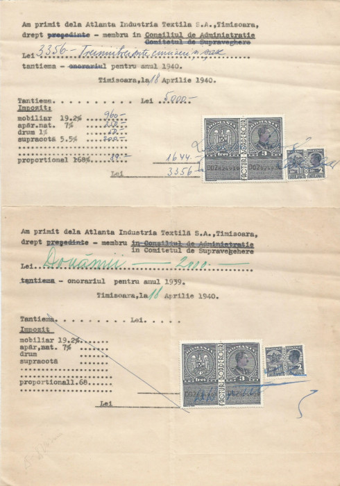 *Rom&acirc;nia, Atlanta Industria Textilă S.A. Timişoara, chitanţe 1, 1940