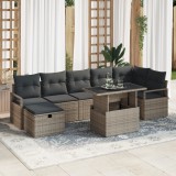 Set de 8 piese de sofa de gradina cu perne gri din poliratan, sofa de gradina cu 2 locuri, spatiu de depozitare si perne gri din poliratan