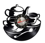 Ceas de perete decorativ, Ceainarie / Tea Time, realizat din disc de vinil (Vinyl Record), 30 cm, mecanism silențios, negru