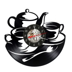 Ceas de perete decorativ, Ceainarie / Tea Time, realizat din disc de vinil (Vinyl Record), 30 cm, mecanism silențios, negru