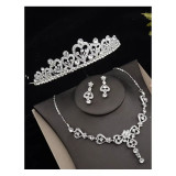 Set Diadema (Coronita) Mireasa Model cu Pietre si Strasuri, Colier si Cercei - Argintii - Circumferinta 37 cm