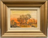 Tablou anii 80 pictor rom&acirc;n Peisaj Apus de Toamnă, pictură &icirc;n acuarele inramata 36x45cm, Peisaje, Acuarela, Realism