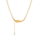 Colier Lisa, auriu, din otel inoxidabil, tip snake chain, cu pandantiv perla
