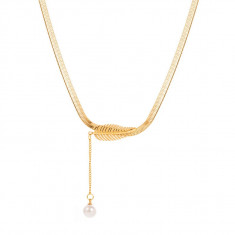 Colier Lisa, auriu, din otel inoxidabil, tip snake chain, cu pandantiv perla