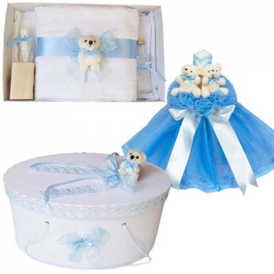 Set Ursuleti trusou botez, cutie trusou si lumanare, decor Bleu, Denikos&amp;reg; 572 foto