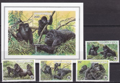 Rwanda 1985 fauna maimute MI 1292-1295 + bl. 103 MNH foto