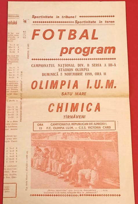 Program meci fotbal "OLIMPIA IUM" SATU MARE - "CHIMICA" TARNAVENI (05.11.1989)