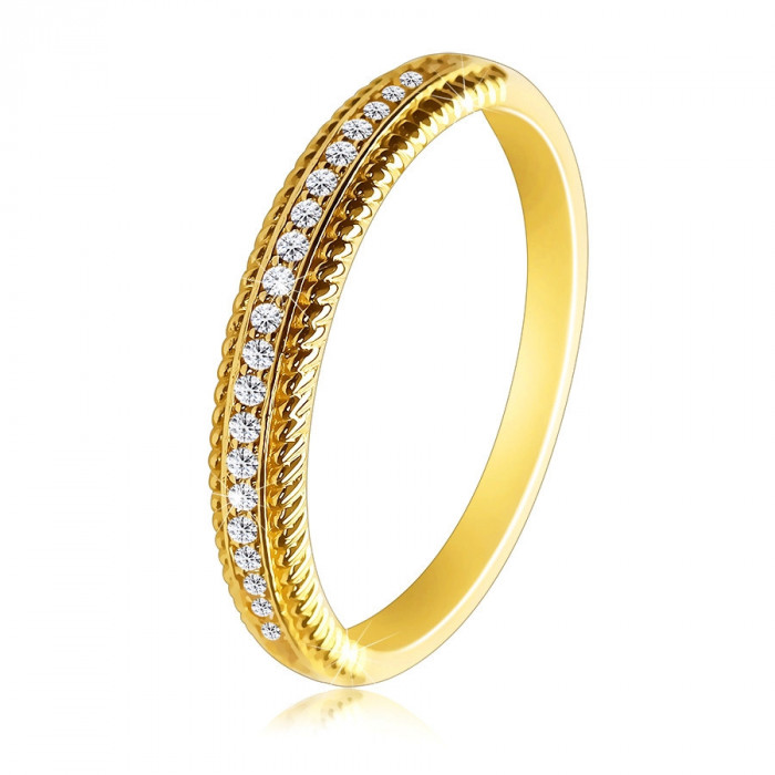 Inel din aur de 14K - ornamente decorative cu crestături pe brațe, zirconii transparente - Marime inel: 56