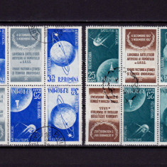 RO 1957 ,LP 444 ," Sateliti artificiali ",serie triptic tete-beche 2/1,stampilat