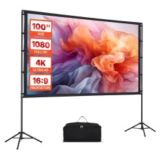 Ecran Proiectie cu Trepied 100 inch, 4K Ultra HD, 16:9, Reglabil 128-220 cm, Unghi 160&deg;, Portabil, Home Cinema, Prezentari, Geanta Inclusa, Negru