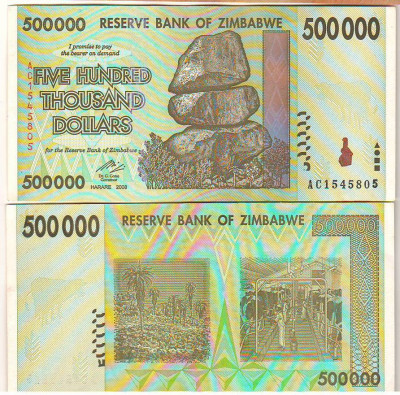 SV * ZImbabwe 500 MII $ / 500000 DOLLARS 2008 * +/- AUNC foto