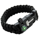 Bratara de supravietuire in aer liber, tip army, 5 in 1, paracord, busola , fluier, cutit, cremene, negru, 26 cm