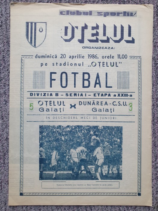 Program meci fotbal Otelul Galati-Dunarea CSU Galati 20 apr 1986, stare buna