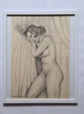 Studiu de nud, realizat in anul 1955 de George Danubiu, creion si carbune presat pe hartie de desen, 53 x 43 cm cu rama si paspartu - plexiglas