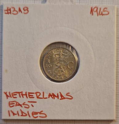 20 Indonesia Netherlands East Indies, 1/10 Gulden 1945, KM#318, argint foto