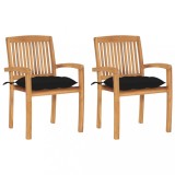 Set 2 Scaune Gradina Gossi, Lemn Tec, Perne Negre, Exterior, Stivuibile 60x57.5x90 cm
