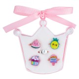 Set Inele Copii, Model Vară, Multicolor, 5 Bucăți, Formă Pepene Verde, Ananas, Perlă, Cupcake, &Icirc;nghețată, Cutie Coroană Roz, Oem