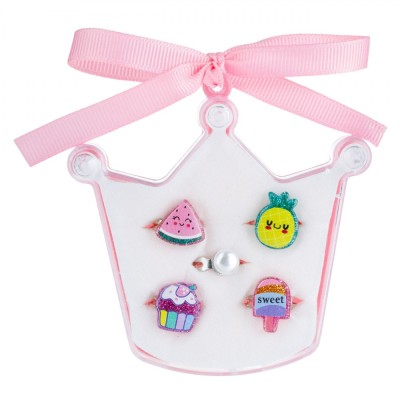 Set Inele Copii, Model Vară, Multicolor, 5 Bucăți, Formă Pepene Verde, Ananas, Perlă, Cupcake, &amp;Icirc;nghețată, Cutie Coroană Roz foto