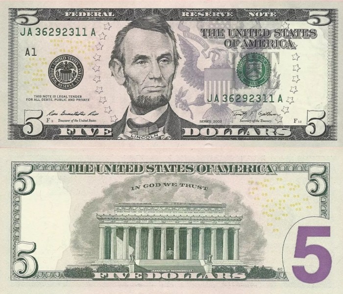 S.U.A. 5 dollars 2009 UNC!!!