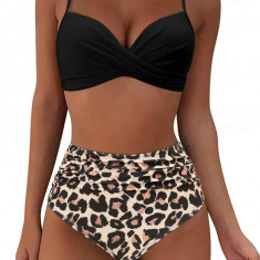 Set costum de baie, sutien cu bretele subtiri si bikini cu talie inalta si imprimeu leopard, negru, dama, Shein